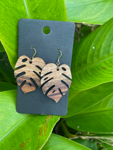 Hawaiian Koa wood Monstera earrings